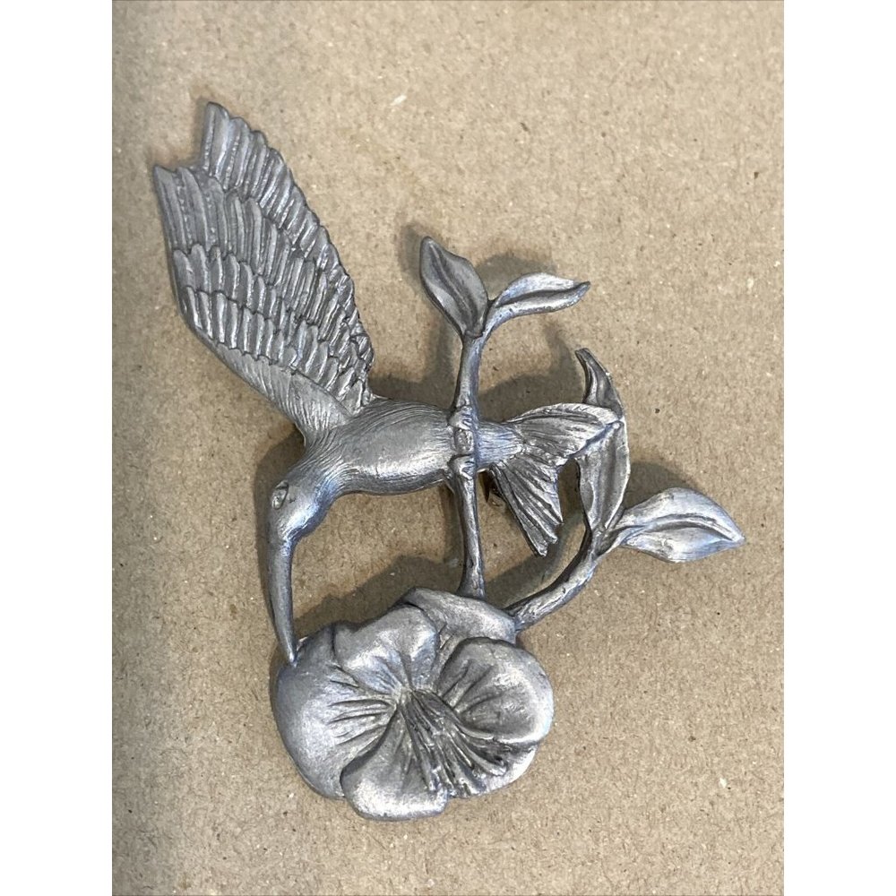 VINTAGE 3 INCH  PEWTER HUMMINGBIRD PIN BROOCH‎ SIGNED SPOON